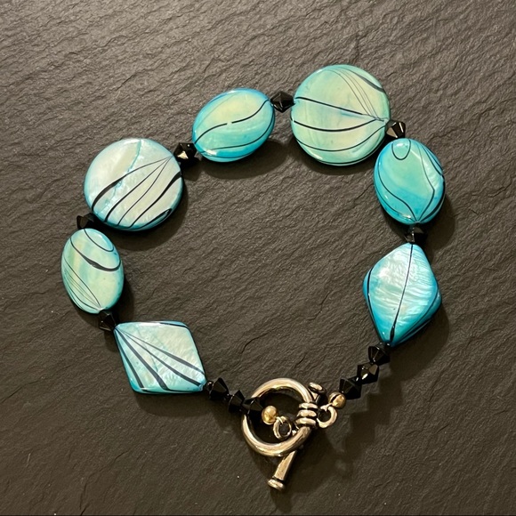 Handmade Lampwork Glass Geometric 8.5” Teal Bracelet - Picture 4 of 12